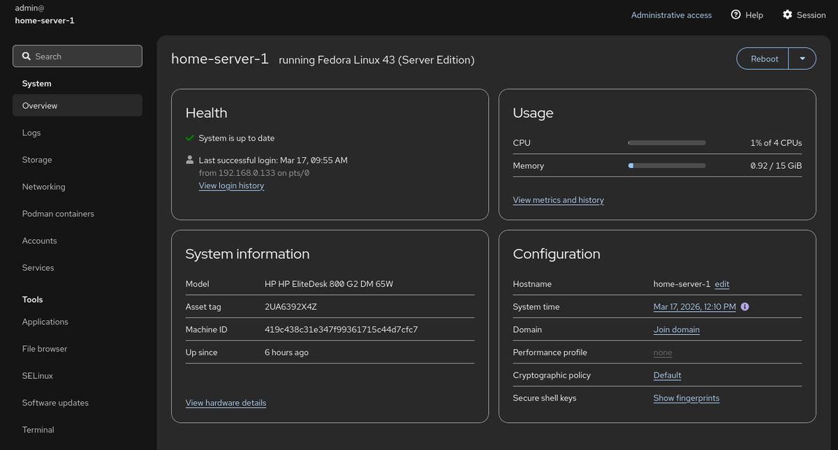 Fedora Server Cockpit overview page